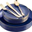 YOUBET 125PCS Blue Plastic Plates - Blue and Gold Plates - Navy Blue Disposable Plates With Gold Rim Include 25 Dinner Plate, 25 Dessert Plate, 75 Golden Silverware Cutlery for Party & Wedding