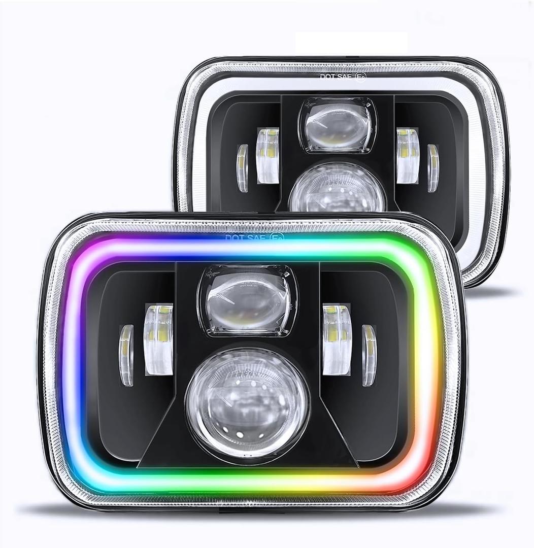 JHLion Upgraded NEW 1000% Bright RGB 5x7 LED Headlights LED lights w/DRL Amber Turn Signal Hi/Low Sealed Beam Compatible with Jeep Cherokee XJ Wrangler YJ GMC Comanche MJ (Spectrum Master)