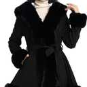 NXBC Winter Faux Fur Coats for Women,Faux Fur Leather Jacket Women,Winter Long Sleeve Furry Trim Peplum Parka Coat with Belt (Large, Black)