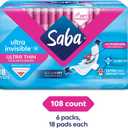 Saba Ultra Invisible Ultra Thin Regular Flow Pads with Wings and SecureFit Technology, 108 Count (6 Packs of 18)