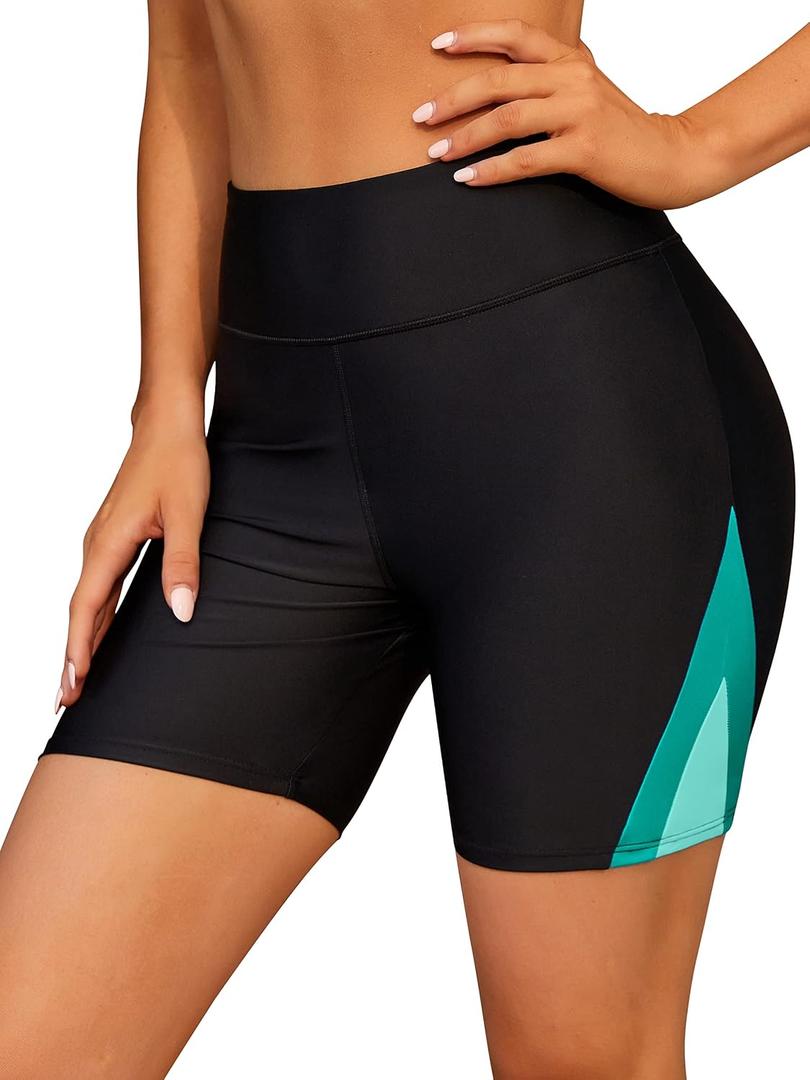 ATTRACO Women's High Waisted Swim Shorts with Pockets Bathing Suit Bottoms Long Board Shorts Plus Size (Black, S)