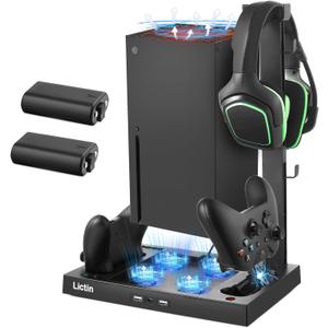 Lictin Cooling Fan Charging Station for Xbox Series X Console & Controller, Upgraded 4 Cooler Fan System Stand, Vertical Dual Charger Station Dock Accessories with 2 x 1400mAh Rechargeable Battery (black)