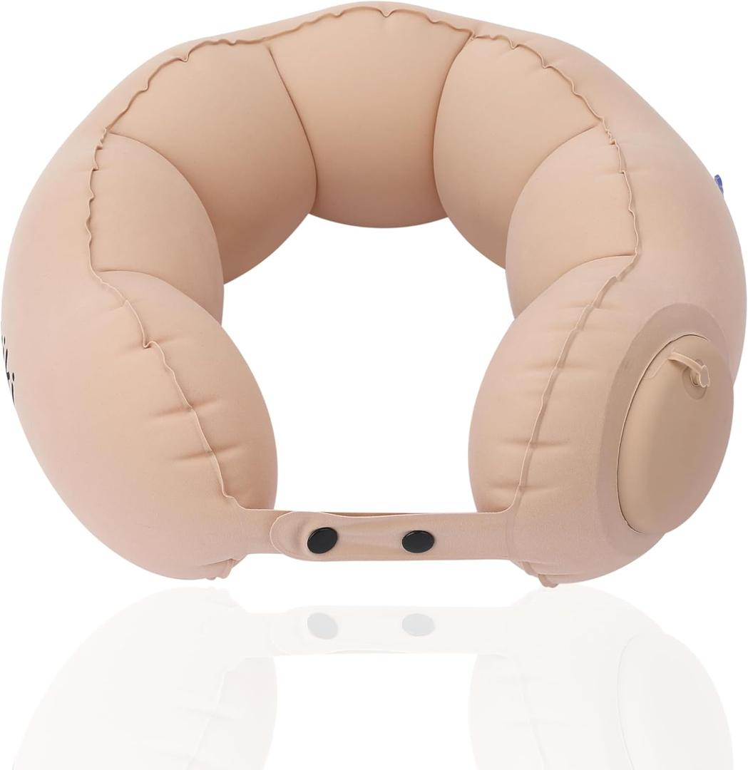Inflatable Neck Pillow for Travel  Lightweight Hand-Pump Air Cushion for Airplane, Car, Train & Office Napping  Portable Compact Neck Support Pillow (Beige)