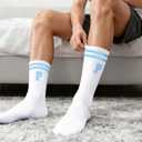Blue And White-Striped Letter Socks, Sports Socks For Men, Blue Team socks, Friends And Family, Birthday Gift.(P) (White)