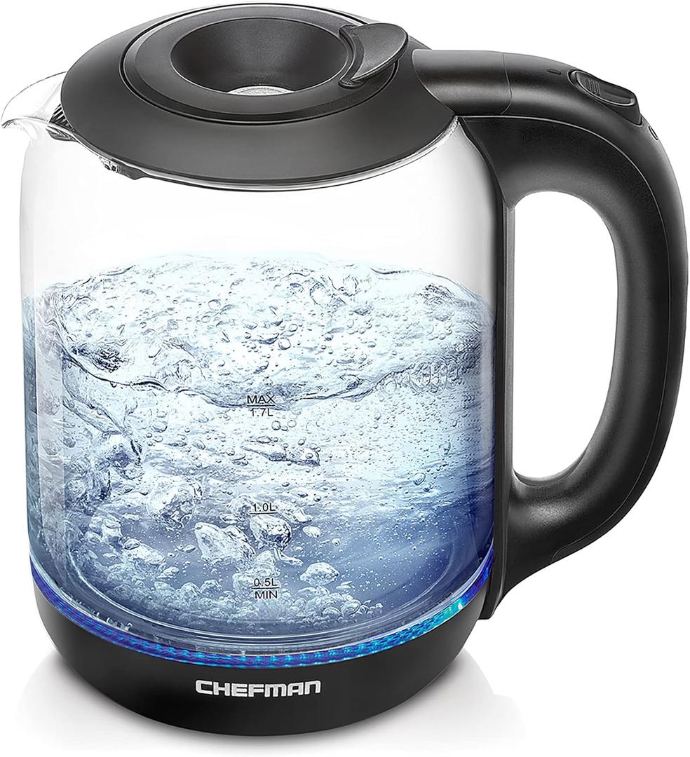Chefman 1.7 Liter Electric Glass Tea Kettle, Fast Hot Water Boiler, One Touch Operation, Boils 7 Cups, Swivel Base & Cordless Pouring, Auto ShutOff