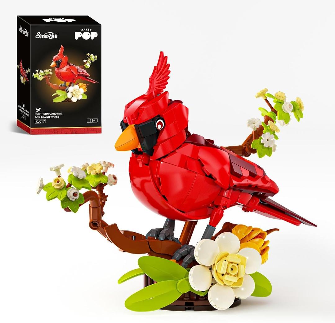 Northern Cardinal Building Set, Male Cardinal Bird with Blooming White Dogwood Flowers, Creative Set for Adults to Build and Display, Red Cardinal Modle, Memorial Gifts for Bird Lovers