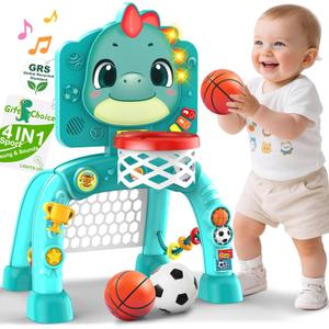 Dinosaur Kids Sports Play Toy: 4-in-1 Multifunction Indoor Outdoor Activity  Basketball Toss, Ring Throw, Ball Play & Music Lights to Improve Motor Skills, Birthday Gift for Boys Girls Age 1-3 (Green)