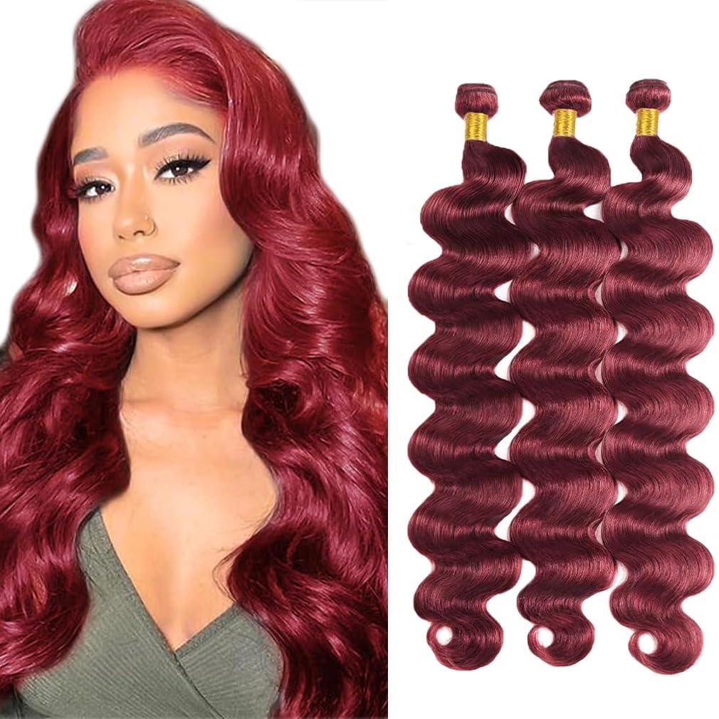 99j Burgundy Bundles Human Hair Burgundy Body Wave Bundles 18 20 22 Inch 3 Bundle Brazilian Wine Red Body Wave Human Hair Extensions 50 Gram Per Bundle
