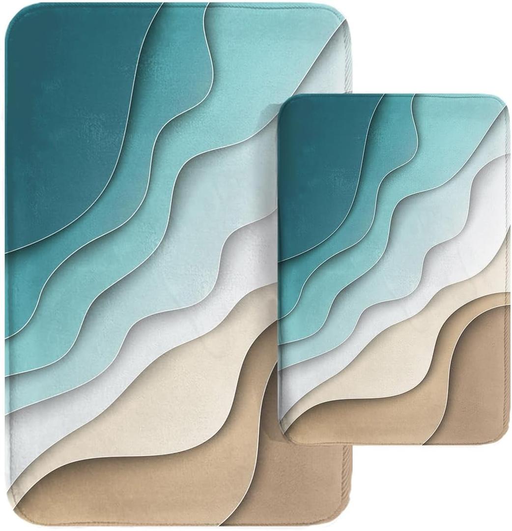 Britimes Bathroom Rug Mat Set of 2, Mats Rugs No Slip Green Abstract Sand Beach Beach Waves Bath Mat Bathroom Decorations Carpets 16x24 and 20x32 Inches for Kitchen Bedroom Indoor