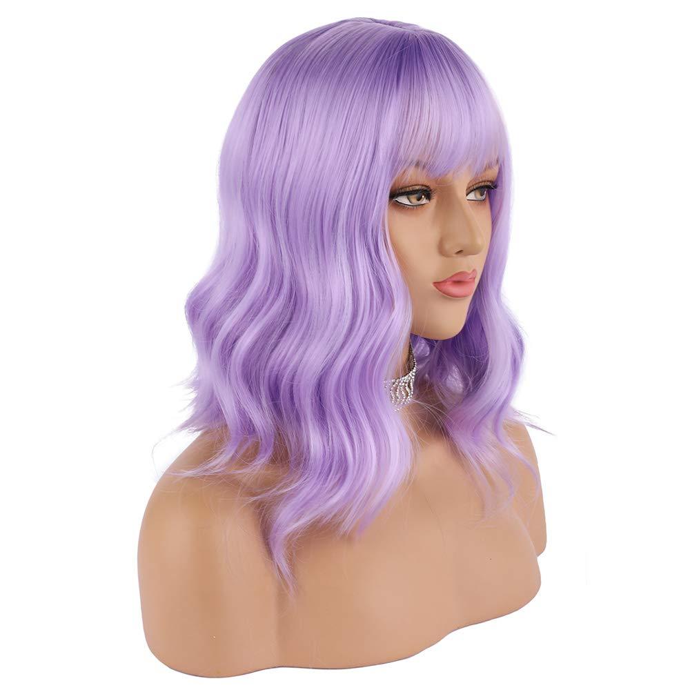 ENilecor Lavender Purple Wig Short Colorful colored Curly Wavy Synthetic Bob Wigs with Air Bangs 14" Natural Lilac Neon Wigs for Women
