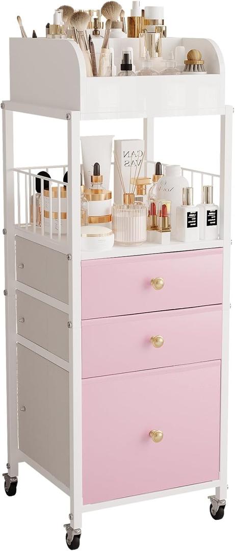 Makeup Organizer Cart with Drawers, Make up Organizers for Vanity, Floor Skincare Organizers- for Cosmetics, Nail Polish, Art Supply, Bathroom Vanity Desktop Organizer (White) (Pink)