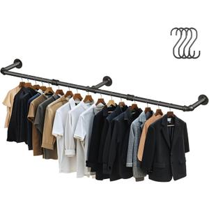 Aduanbang 64.9in Industrial Pipe Wall Mounted Clothes Rack, Heavy Duty Detachable Iron Garment Bar, Rustic Space-Saving Hanging Rod for Bedroom, Closet  Black