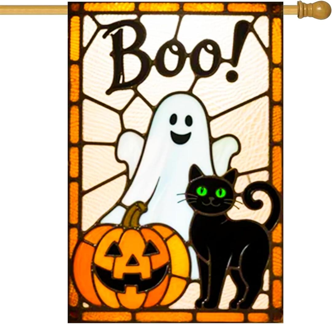 BlissYard Spring Summer House Flag 28 x 40 Inch Double Sided Garden Flag Ghost Cat and Pumpkin Boo for Halloween Yard Banner Porch Outdoor Decor Holiday House Flag