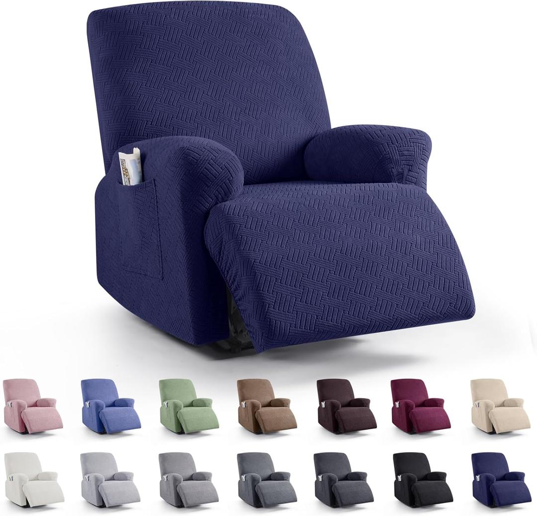 KinCam Recliner Covers, Stretch Reclining Chair Covers, Recliner Sofa Slipcovers Stripe Jacquard Recliner Couch Covers Furniture Protector Covers (1 XL Seater, Dark Blue)