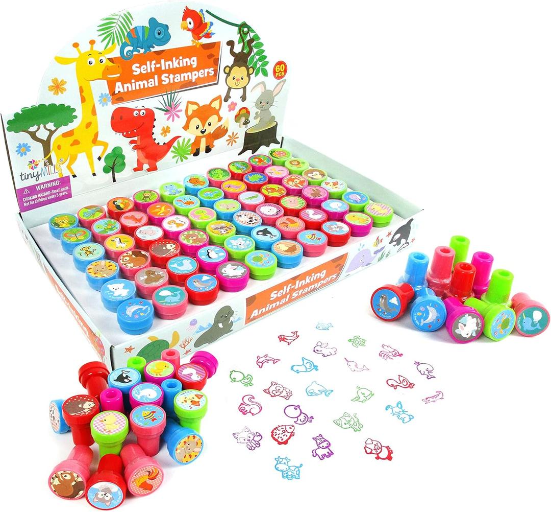 TINYMILLS 60 Pcs Animals Assorted Stampers for Kids with 60 Different Designs Party Favor Goodie Bag Prizes Classroom Rewards Pinata Filler Arts and Crafts for Kids