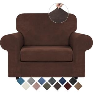 WEERRW Velvet Stretch Chair Sofa Slipcover - 2 Pieces Luxury Soft Velvet Plush Couch Cover Furniture Protector with Elastic Bottom for Pets, Machine Washable, Chocolate, Small