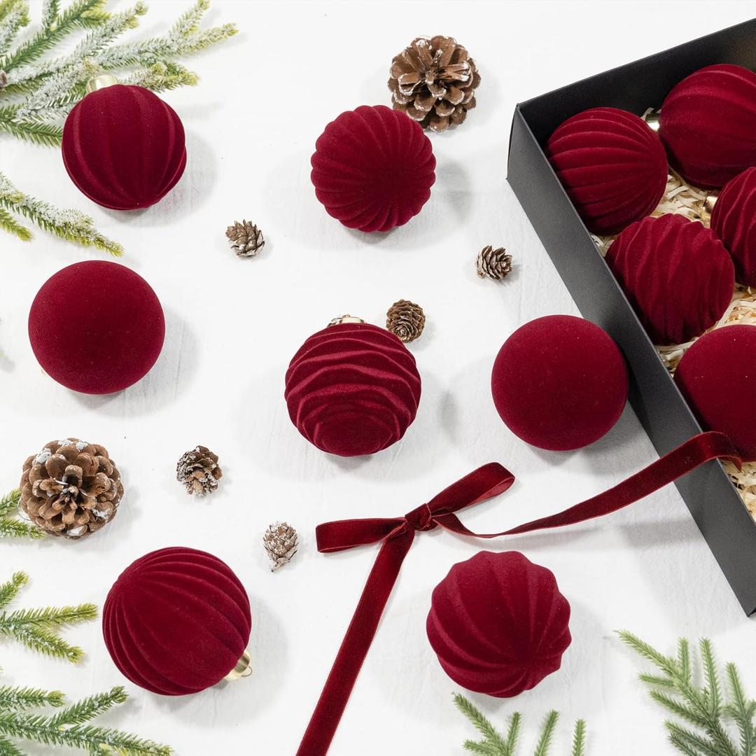 12 Pcs 3.15 Inch Velvet Christmas Tree Ornaments BulkRed Flocked Christmas Balls Plastic Shatterproof Xmas Hanging Ornaments Decorations Set for Tree Garland Wreath (Burgundy)