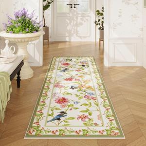Vowkten Runner Rug for Kitchen 2'6"x8' Washable Rugs with Rubber Backing Soft Floral Bird Magpies Floral Animal Carpet Runner for Kitchen, Laundry, Bedroom, Bathroom (White)