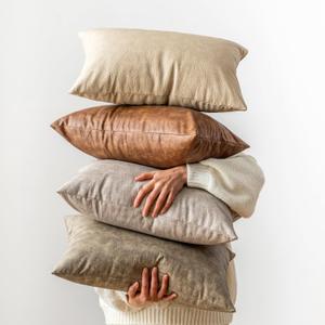 Pack of 4 Neutral Lumbar Decorative Faux Leather Throw Pillow Covers 12x20 inch, Soft Modern Boho Luxury Waterproof Floor Cushion Cases, for Outdoor Lounge Sofa Couch Bed Home Decor (Beige/Light Grey/Olive Green/Brown)
