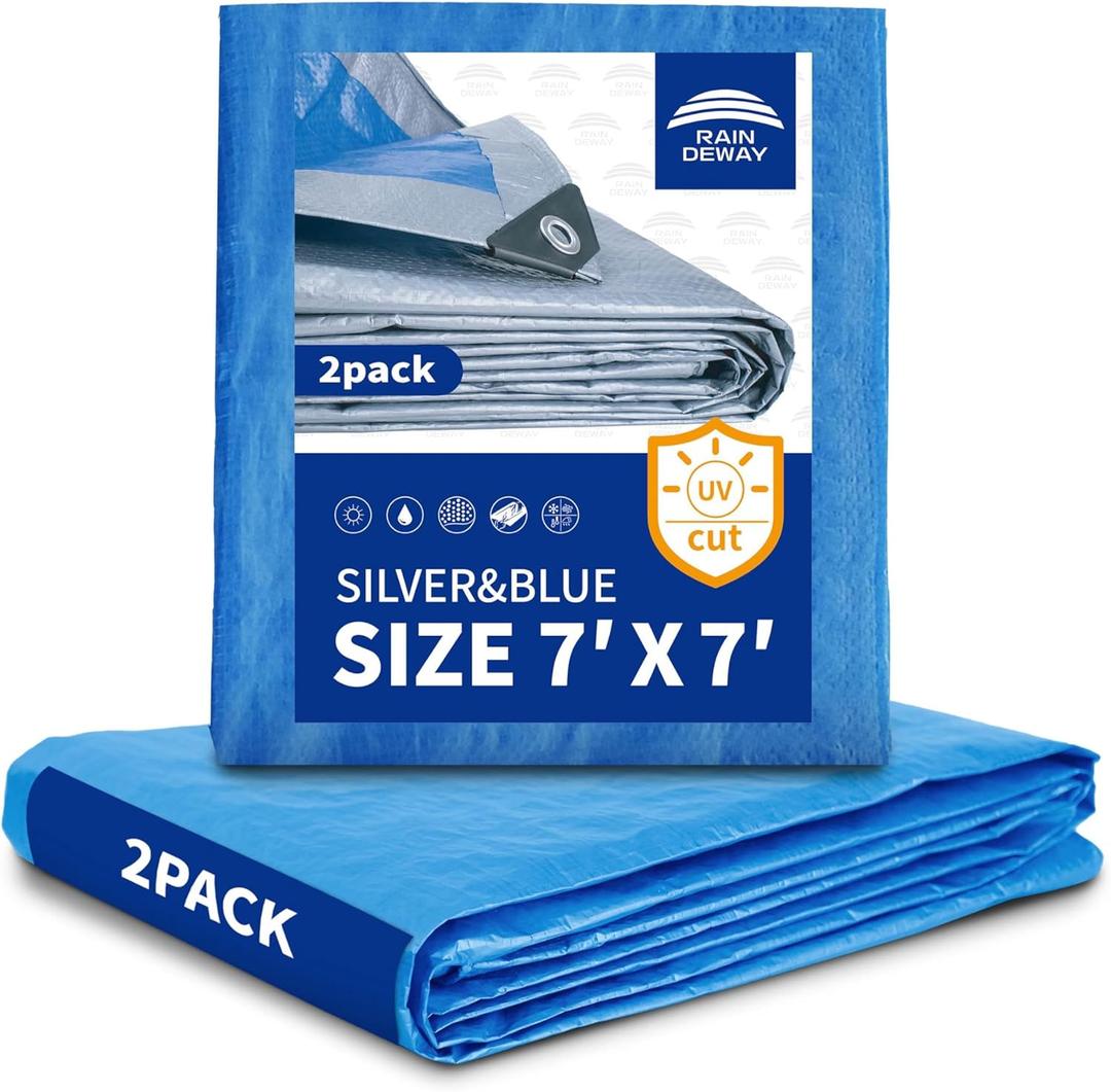 RAINDEWAY Tarps 7x7 Feet (2 Pack) - 5.5 Mil, Multipurpose Waterproof Poly Tarp Cover with Metal Grommets and Reinforced Edges, Silver/Blue Tarp (7'7'2 Pcs-Finished Size)