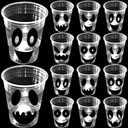 mishunyus 24 Pack Glow Halloween Ghost Cups Party Supplies, for Night Daytime, White Ghosts Face Party Cup, Holiday Spooky Trick or Treat Design (16 oz)
