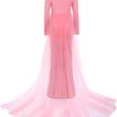 Women Off Shoulder Long Sleeve Maternity Dress Tulle Elegant Slim Fit Gown Baby Shower Photography Maxi Dress for Photo Shoot (Pink, XXL)
