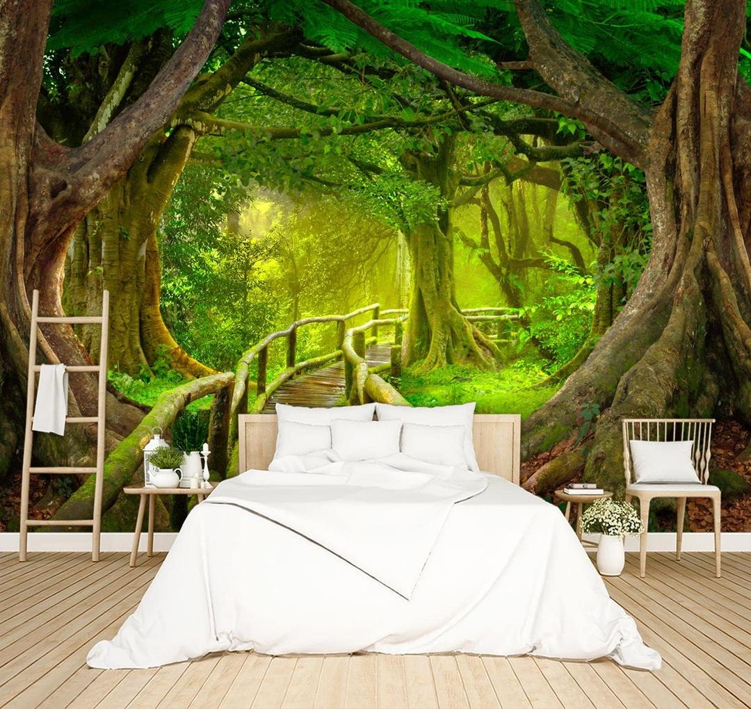 Beautiful Nature Green Forest Wallpaper Big Tree Jungle Landscapes Bedroom Scenery murals Office Decor Living Room tv Background Large Wall Mural - 137"x96" Not Peel and Stick (B15)