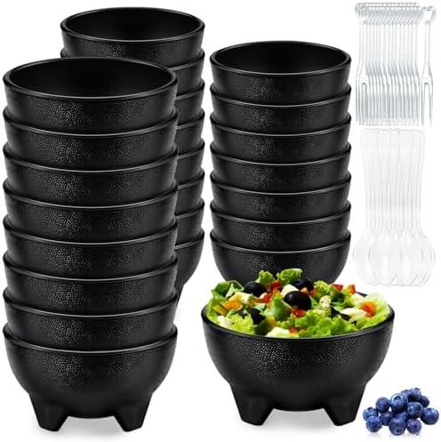 LOSYHU 24 Pack 13.5 OZ Salsa Bowls for Party, Unbreakable Guacamole Bowl Plastic Mexican Salsa Bowls Bulk Small Molcajete Bowl with Spoons and Forks for Fiesta, Chips, Dip, Candy, Black