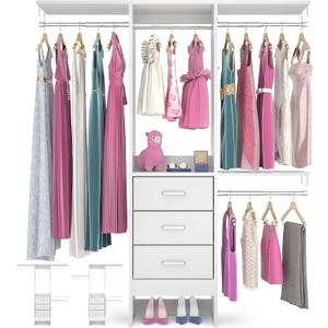 Besiost 4FT Small Closet System with 3 Fabric Drawers, 48'' Closet Organizer System With 3 Adjustable Shelves, Flexible Built-In Clothes Garment Rack for Small Space, 48" L x 13" W x 71" H, White