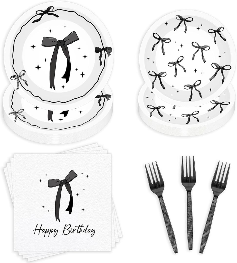 96 Pcs Black Bow Birthday Decorations, Elegant Black and White Plates Napkins Forks for 24 Guests, Minimalist Bow Tableware Set Party Supplies for Women Girls