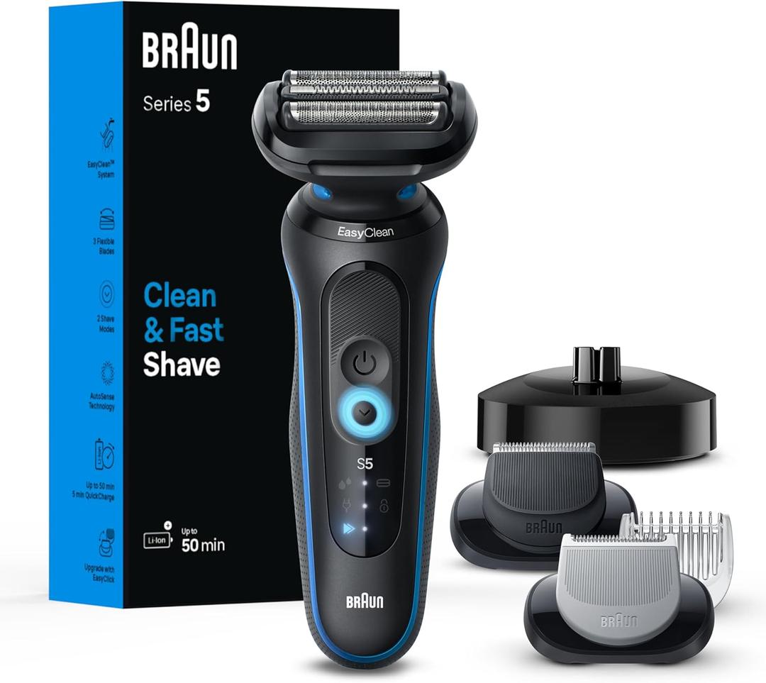 Braun Electric Shaver for Men, Series 5 5150cs, Wet & Dry Shave, Turbo Shaving Mode, Foil Shaver, with Beard Trimmer, Body Groomer and Charging Stand, Blue Braun Electric Shaver for Men, Series 5 5150cs, Wet & Dry Shave, Turbo Shaving Mode, Foil Shaver, with Beard Trimmer, Body Groomer and Charging Stand, Blue
