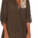 HOTOUCH Women Boyfriend Shirts Button Down Long Sleeve Blouse Cuffed Sleeve Collared Shirt (Large, Brown)