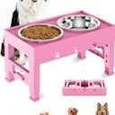 Elevated Dog Bowls with 2 Stainless Steel Bowls, Raised Dog Food Bowl Stand 5 Height Adjustable (3.1", 9", 10", 11", 12") Non-Slip Feeder Set for Medium and Large Dogs - Pink