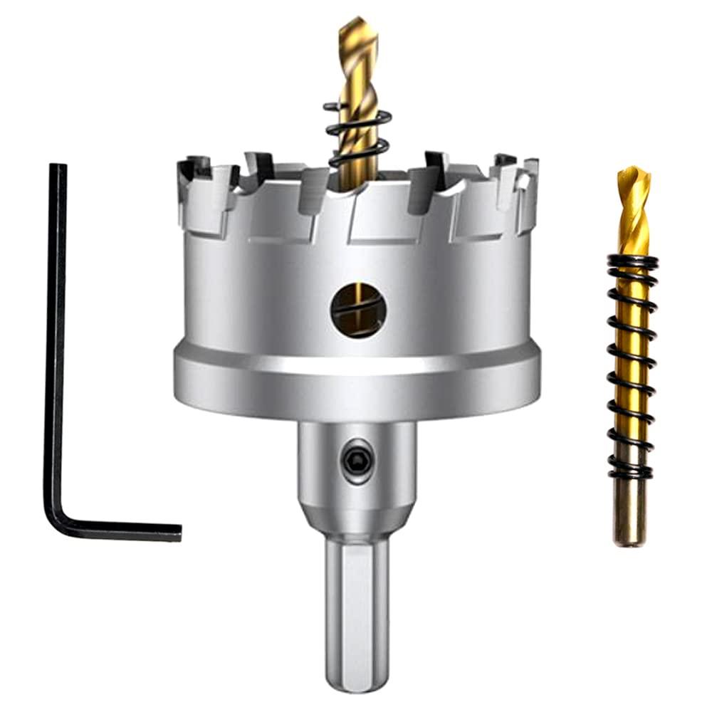 2-1/8'' Tungsten Carbide Tipped Hole Saw Drill Bit for Hard Metal Steel | 2-1/8'' T.C.T Hole Saw Cutter with 2pcs Titanium-Plated Pilot Drill bit for Metal, Stainless Steel, Iron, Wood, Plastic