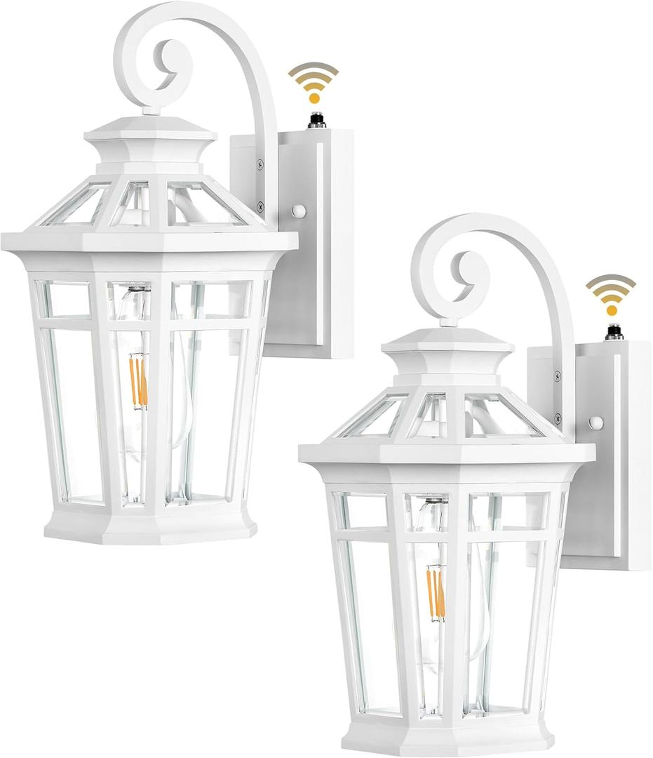 Outdoor Porch Lights, 2-pack White Outdoor Light Fixture Wall Mount, Dusk to Dawn Outdoor Sconce light, Anti-rust Exterior Wall Lantern with Glass Shade, Coach Lights for Garage, Patio, Balcony
