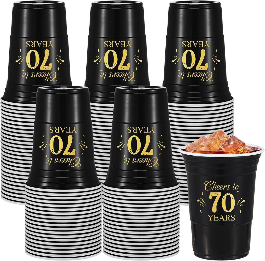 Ziliny 50 Pack 70th Birthday Decorations Birthday Cups 16 oz Disposable Plastic Gold and Black Cheers to 70 Years Cups for Men Women Hot Cold Drinks for Wedding Anniversary Supplies