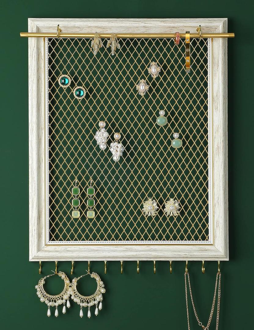 Heesch Hanging Earring Organizer Frame Wall Mounted Jewelry Holder Vintage Rustic Stud Earring Display with Removable Rod and 12 Hooks for Necklaces, Bracelets and Rings (Distressed White)