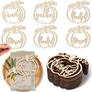Jetec 40 Pieces Thanksgiving Plate Decor Wood Color Pumpkin Wood Cutouts Thankful Blessed Grateful Inspirational Letter Cutouts Place Cards Settings for Party Tablescape Plate Decor