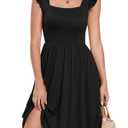 Nimsruc Women's Summer Short Dress Floral Square Neck Ruffle Sleeve Knee Length Cute Midi Boho Dresses Black XXL