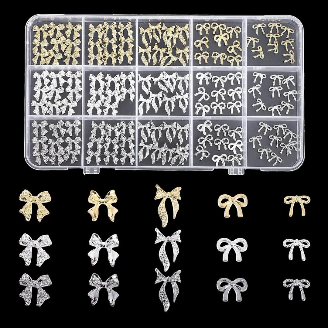 135 PCS Bow Nail Charms 5 Styles 3D Golden Bowknots Charms for Nails Shiny Bow Tie Nails Gems Nail Art Accessories(Gold Silver White)