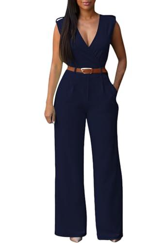 Pink Queen Jumpsuits For Women Dressy Formal Work Wrap V Neck Wide Leg Long Pants Rompers Pockets Dark Blue, S