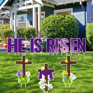 8 Pcs Happy Easter He Is Risen Yard Sign, Religious Easter Decorations Outdoor with Stakes Cross Easter Yard Sign Waterproof Christian Pathway Lawn Holiday Party Decor