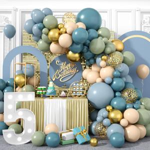 2 x Dusty Blue Balloon Garland Arch Kit, Sage Green Dusty Blue Sand White Gold with Confetti Latex Balloons for Boy Baby Shower Wedding Birthday Party Decorations