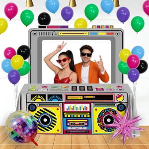 38 PCS 80s 90s Theme Party Decorations, Classic Radio Boombox Banner, Tablecloths and Disco Foil Balloons for Back to 80s 90s Hip Hop Birthday Party Decorations (108 x 54 Inches)