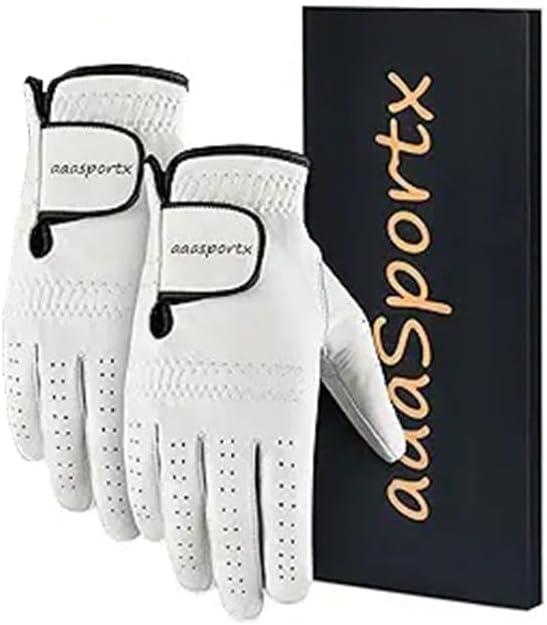 2 Pack Mens Golf Gloves, Durable White Cabretta Leather All Weather Golf Gloves Men (Small, Left)