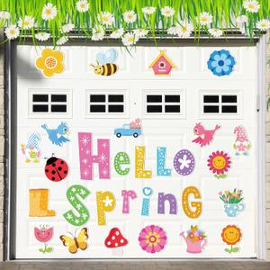 Hoteam 30pcs Hello Spring Garage Door Magnets Stickers Flower Blossoms Umbrella Pattern Fridge Magnets Colorful Floral Metal Magnetic Stickers for Spring Car Metal Door Garage Cabinet Mail Box