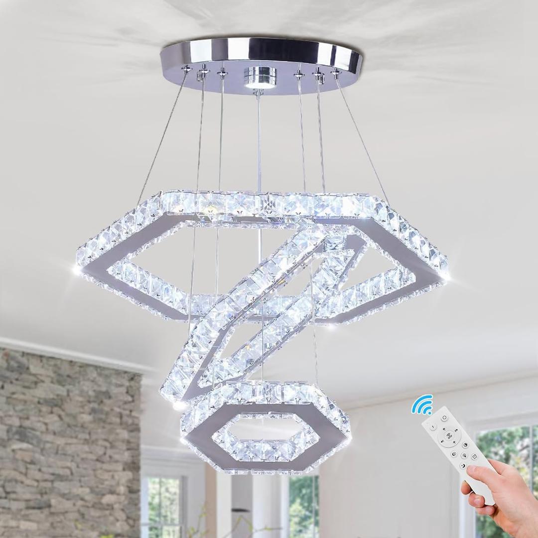 LED Chandeliers Dimmable Crystal Chandelier 3 Rings Modern Pendant Light Adjustable Stainless Steel Ceiling Light Fixture for Dining Room Bedroom Living Room