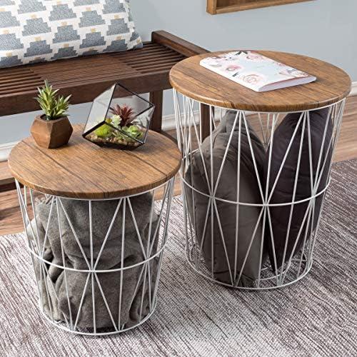 End Tables Set of 2 - Nesting Tables with Removable Wood Tops and Metal Basket Bases for Blanket Storage - Round Side Furniture for Living Room, Bedroom, or Home Office by Lavish Home (Brown/White)