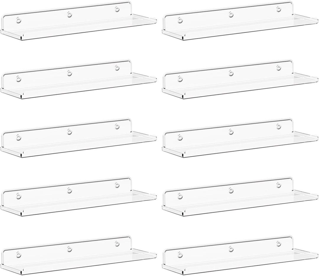 Lifewit Floating Shelves for Wall, 10 Pack Clear Acrylic Shelf 15" Room Decor for Bookcase/Vinyl Record Display/Photo/Picture in Bedroom, Living Room, Bathroom, Kitchen Storage and Organization