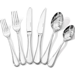 KINGSTONE 48 Piece Teardrop Silverware Set with Steak Knives, 18/10 Stainless Steel Flatware Set for 8, Modern Design Cutlery Set for Home/Hotel/Wedding,Mirror Polished and Dishwasher Safe